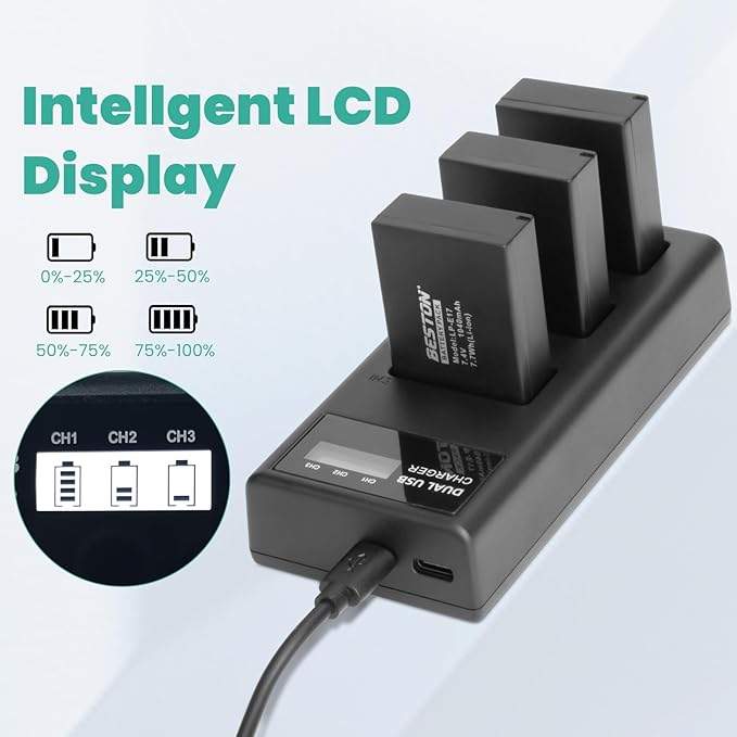 BESTON 3-Pack LP-E17 Battery and Charger Set for Canon EOS R50 R100 RP R10 R8, Rebel T8i, T7i, T6i, T6s, SL2, SL3, EOS M3, M5, R10, M6 Mark II, 77D, 200D, 750D, 760D, 800D, 8000D Camera