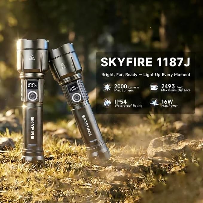 SKYFIRE Rechargeable Flashlights High Lumens with Ignition Lens&White Yellow Blue Light,5000mAh Super Bright Flashlight with 5 Modes& Zoomable,Tactical LED Flash Light for Outdoor,Home& Gift