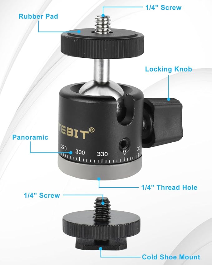 UTEBIT Mini Ball Head, Panoramic Tripod Head with 1/4" Camera Hot Shoe Mount DSLR Camera Mount Adapter Photograph Attachment Accessories for Action Cameras Cam Smartphone Light Microphone