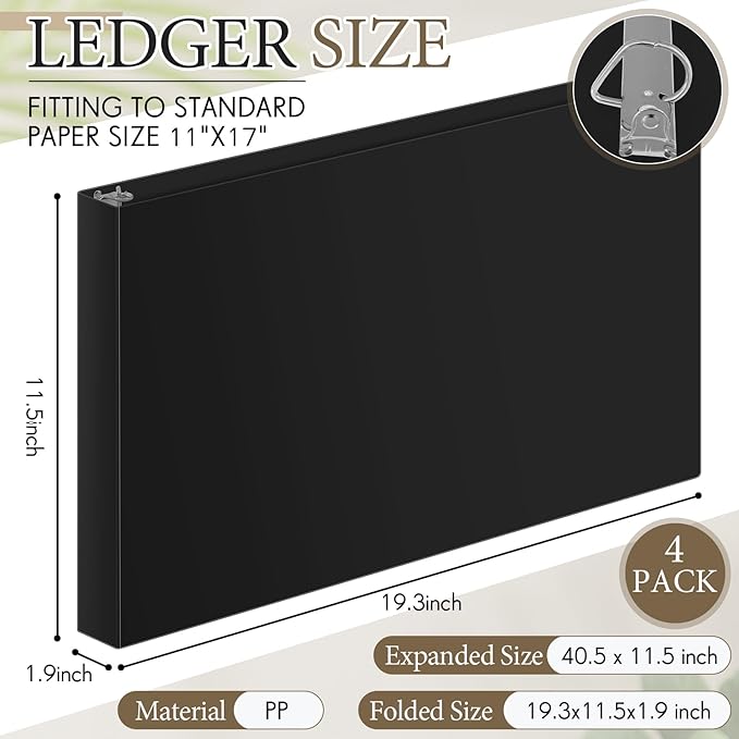 Humyoun 4 Pcs 11 x 17 Inch 3 Ring Binders 1.5 Inch Rings Heavy Duty View Plastic Flexible D Ring Binders Economy Holds 11" x 17" Paper for Artwork Blueprints, Office, Home, Work Places(Black)