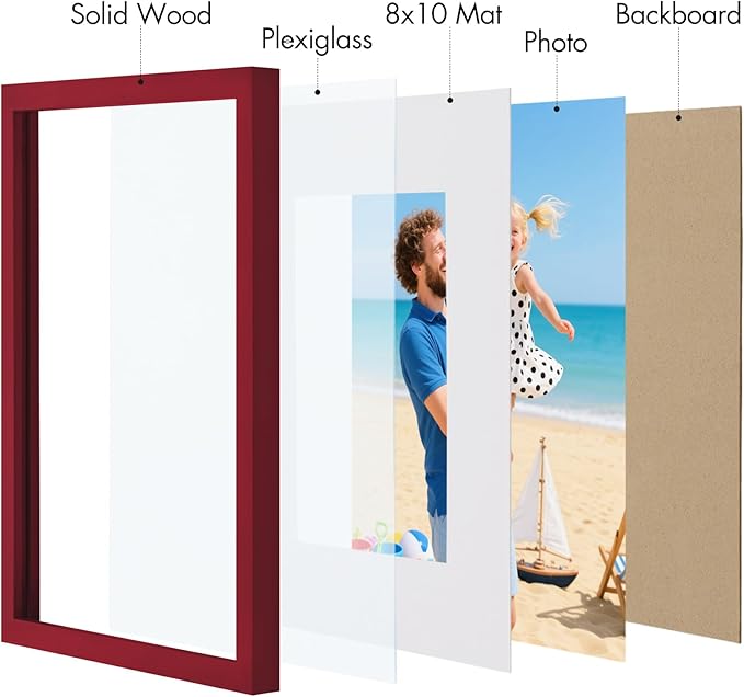 Vittanly 11x14 Picture Frame, Made of Solid Wood and Shatterproof Plexiglass, Display Pictures 8x10 with Mat or 8x10 without Mat, Wooden Photo Frame for Wall Mounting or Tabletop, Red, 1 Pack