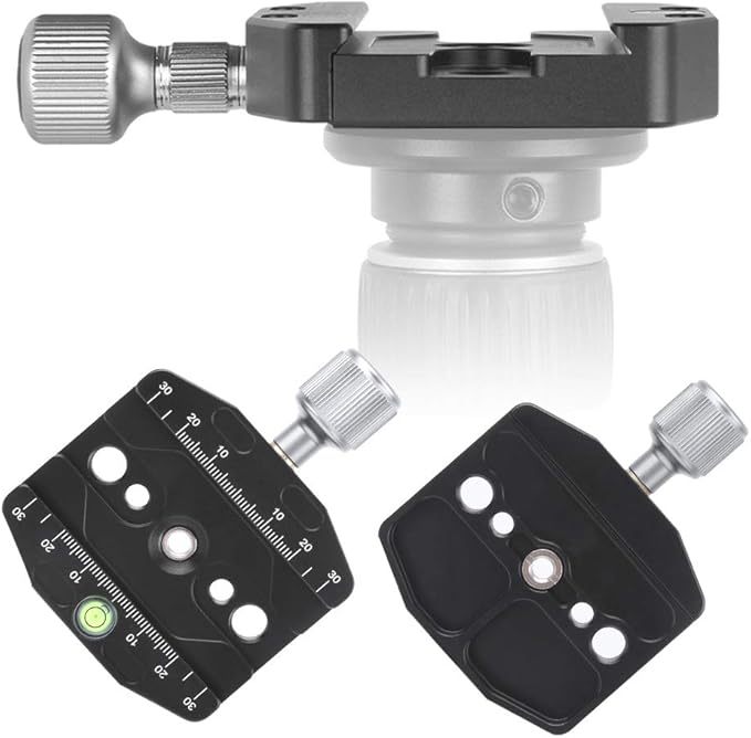 70mm Aluminium Alloy Quick Release Plate Clamp, QR Plate Clamp with 1/4in 3/8in Screw Holes, Built in Gradienter for Arca Standard Tripod, Durable Metal Locking Knob for Camera Pho