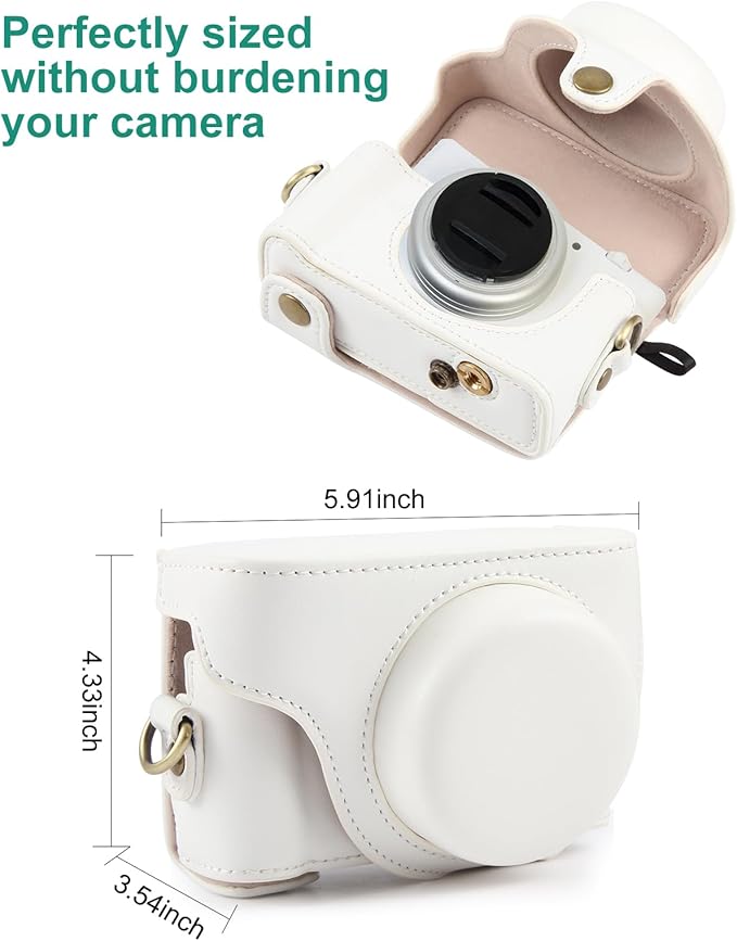 PULUZ Digital Camera Case for Sony ZV-1F Vlog Camera,Full Body Leather Camera Bag with Sony ZV-1F Case Shoulder Strap-Travel Protective Carrying Storage Bag (White)