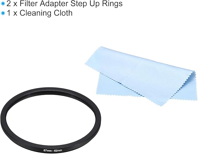 PATIKIL 67mm-62mm Metal Step Down Ring with Cleaning Cloth, 2 Pack Camera Lens Filter Adapter Ring Aluminum Filter Adapter Ring for Camera Lenses Hood, Black