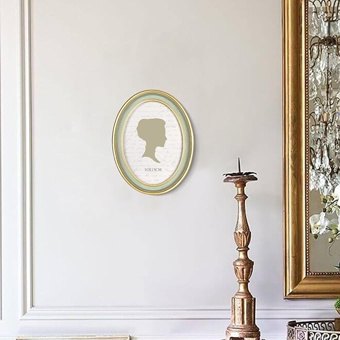 AELS 4x6 Inch Vintage Picture Frame, Elegant Antique Photo Frames with Glass Front, Photo Display, Tabletop Wall Hanging, Gift Ideas, Oval Sage Green with Gold Trim