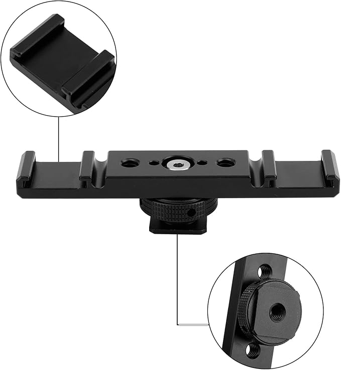 Dual Cold Shoe Extension Bar Mount, Aluminum Alloy Hot Shoe Adapter Bracket with Hex Wrench for DSLR Camera LED Video Light Microphone & Monitor (Black)
