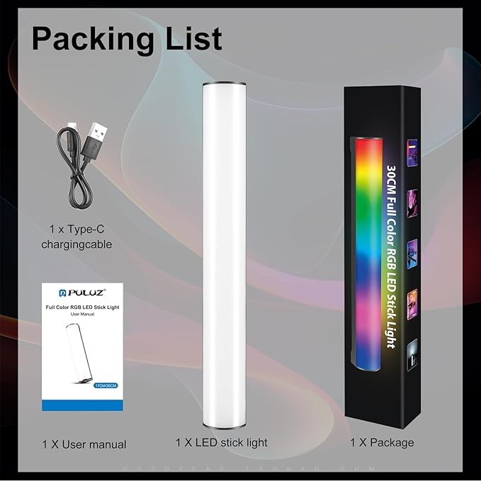PULUZ 11.8" RGB Full Color Photography Light Stick, Holdable Magnetic LED Stick Fill Lights with 1/4 inch Screw Holes, Rechargeable Tube Light with 20 Lighting Effects for Photography Lighting