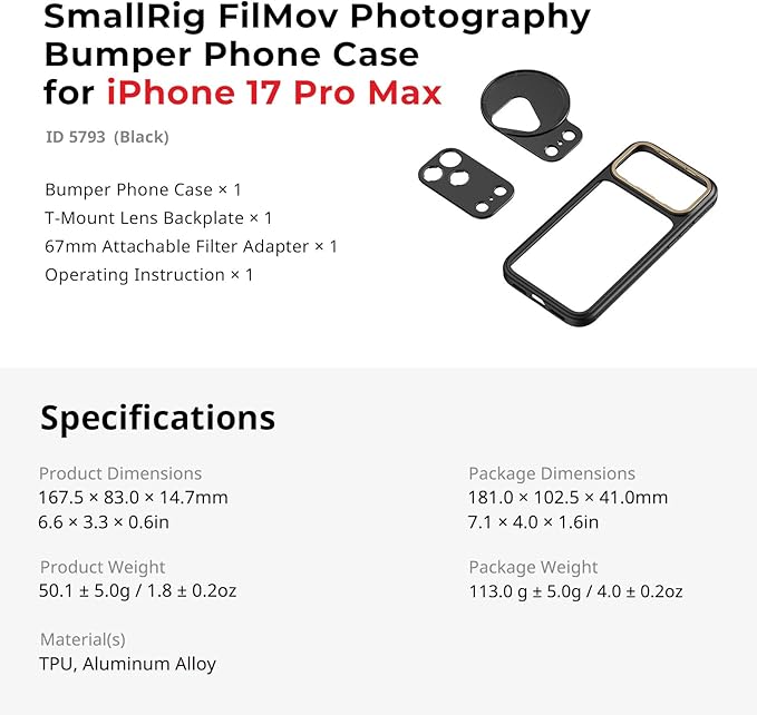 SmallRig FilMov Bumper Phone Case for iPhone 17 Pro Max, Hollow Back Design with Lens Backplate, 67mm Filter Adapter Compatible with Phone Gimbal Stabilizers, for DJI for Insta360, Black - 5793