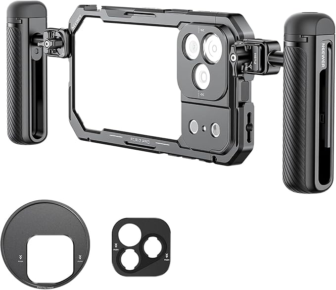 NEEWER Phone Cage Kit Compatible with iPhone 17 Pro Only, Video Rig Stabilizer Accessories with 67mm Filter Ring, 17mm Lens Backplate, T Mount Adapter, Two Quick Release Handles, PA143 (Black)