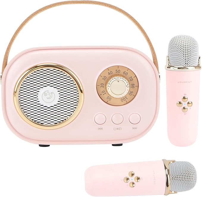 Mini Karaoke Machine for Kids,Portable Bluetooth Speaker with 2 Wireless Microphone,Toys for Girls Boys Gifts,Retro Speaker Set Stereo Sound Enhanced Bass for Home Party Birthday (Pink)
