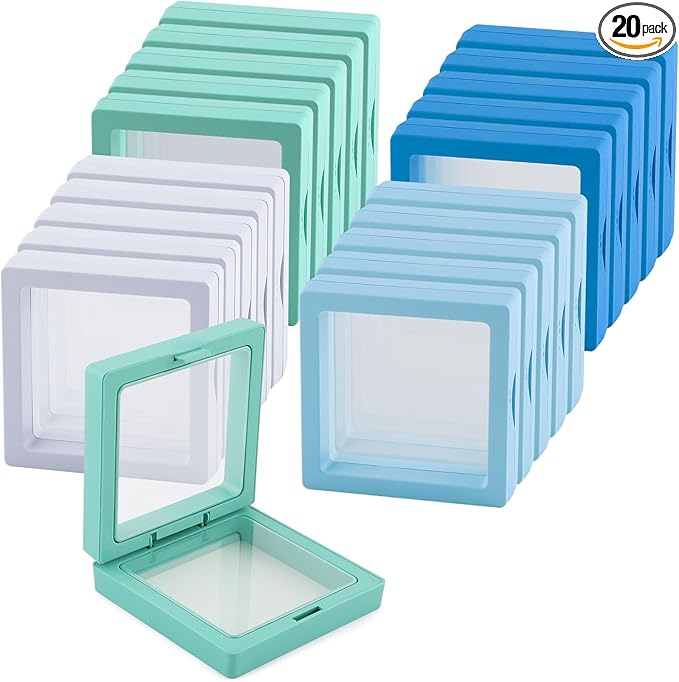 20 Pcs Seashell Holder, 3D Floating Display Box 2.7 x 2.7 Inches, Transparent Display Case for Sea Shell Collectibles, Jewelry, Rings, Crystal, Badges, Coastal Decor (Blue White Mint Sky Blue)