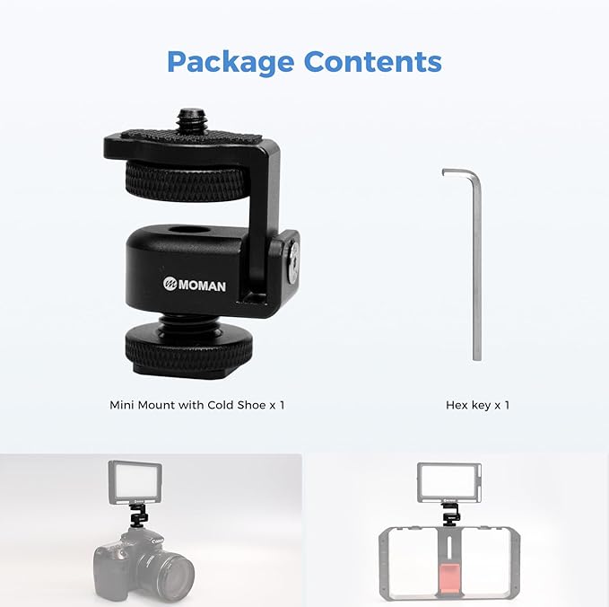 Moman Ball Head Cold Shoe Mount 1/4" Mini Adapter BH02 with 1/4"-20 Thread for Camera Microphone LED Video Light Monitor, 1-Pack