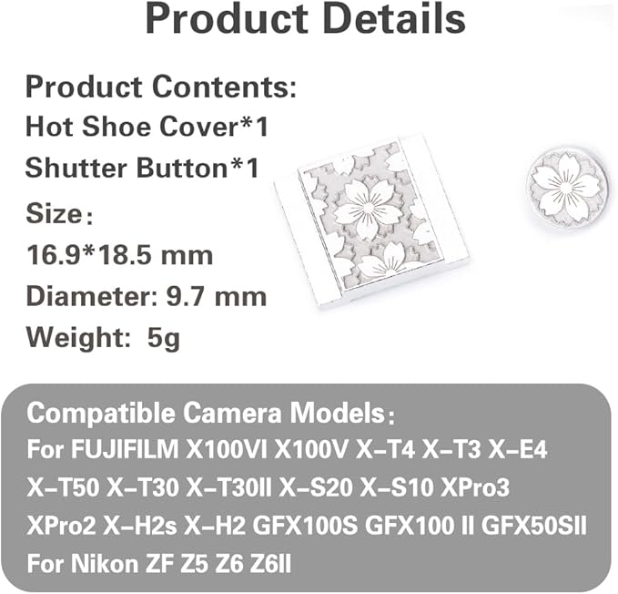 Camera Metal Petal Hot Shoe Cover Shutter Buttons for FUJIFILM X100VI X100V XPro1 X-T4 X-T3 X-T50 X-T30 for Nikon (Set 02)