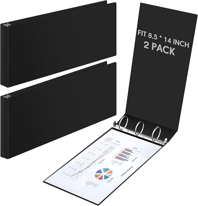 Humyoun 2 Pcs 8.5'' x 14'' Landscape 3 Ring Legal Size Binders 2 Inch Round Ring Binders Heavy Duty Economy Holds 8.5 '' x 14'' Paper for Artwork Blueprints, Office, Home, Work Places(Black)