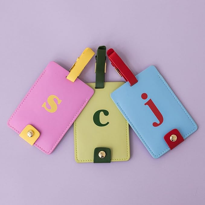 Kate Spade New York Leatherette Luggage Tag with Secure Strap, Colorful Suitcase Identifier for Travel, Monogram Bag Tag ID (C)