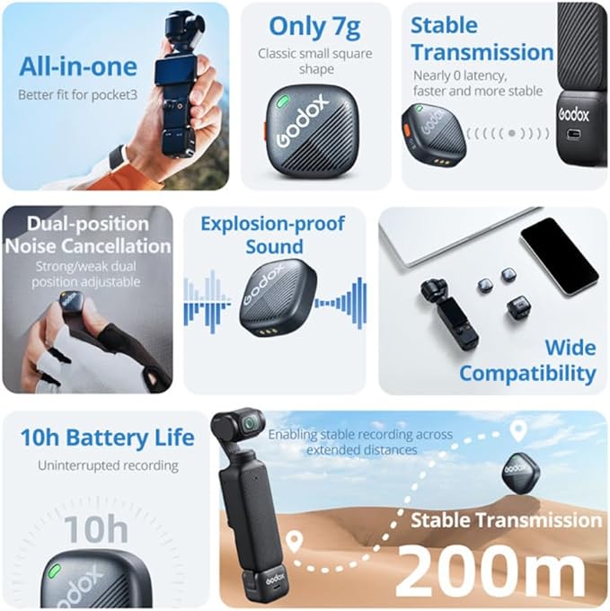GODOX Cube-OP3 Wireless Lavalier Microphone for DJI Osmo Pocket 3,Noise Cancellation, 10H Battery Life,Mini Wireless Mic for Camera/iPhone/Android, Vlog,Live Streaming (OP3)
