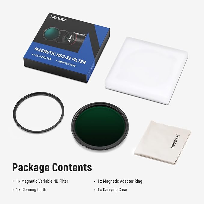 NEEWER 82mm Magnetic Variable ND Filter ND2-ND32(1-5 Stops) with Magnetic Adapter Ring， HD Adjustable Neutral Density Filter with Water Repellent Double Sided 30 Layer Coatings， No X Cross