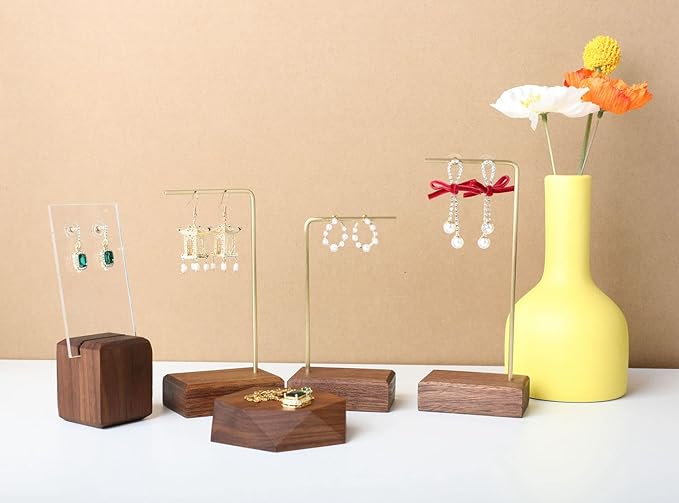 GemeShou brass earring display stands for selling, wooden ear ring holders for jewelry, single stud holder jewelry display【Walnut brass earring stand Height 5.31"】
