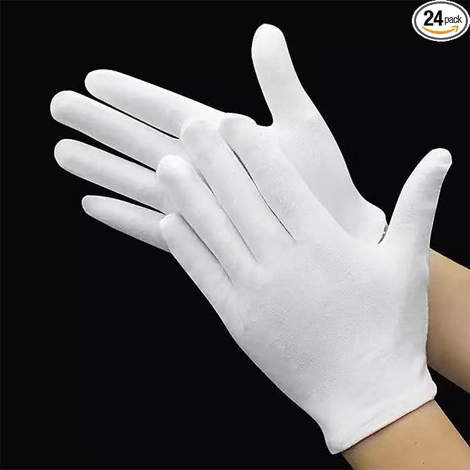12 Pairs White Cotton Gloves for Eczema Dry Hands Breathable Work Glove Liners Moisturizing Spa Jewelry Inspection Etiquette Gloves Stretchy Fit for Men Women 24PCS Archival Photo Gloves (Large)
