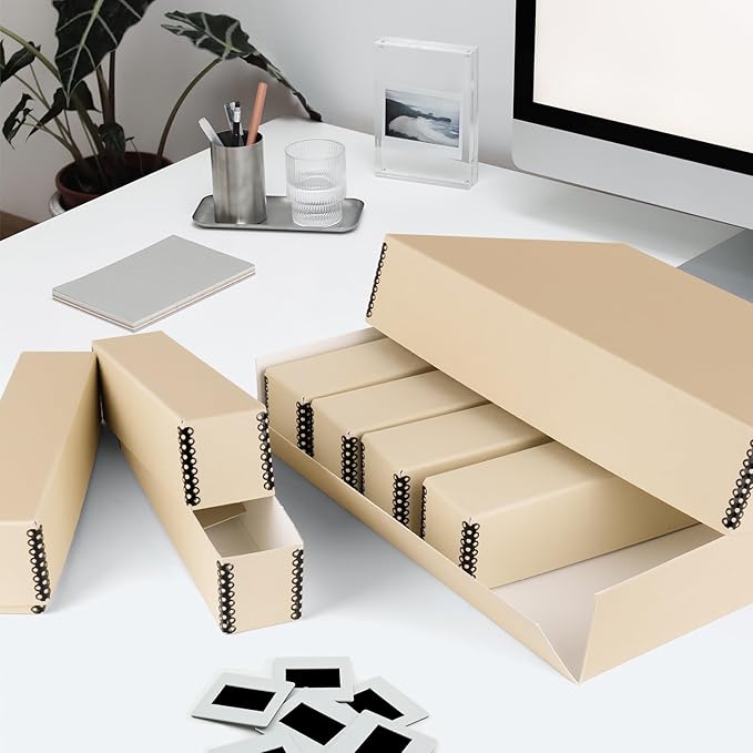 Golden State Art, Archival Slide Storage Box, Acid-Free Metal Edge Organizer With 6 Inner File Cases, Holds Up to 840 Films, For Storing Photos and Negatives, 15.5" x 11.5" x 3" (Tan)