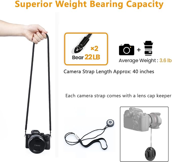 Camera Shoulder Strap - Climbing Rope Neck Strap for Mirrorless & DSLR Cameras, with Lens Cap Keeper (Black)