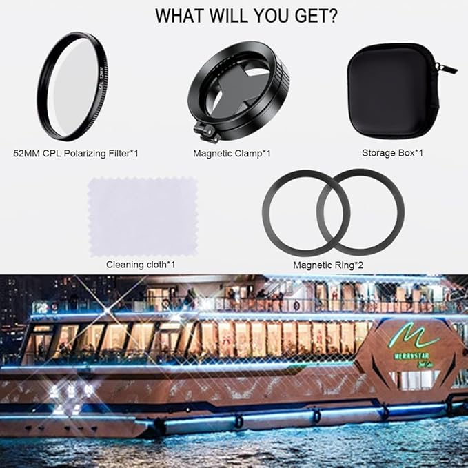 Magnetic Cpl Filter for iPhone, Anti-Glare Magnetic Phone Filter - 52mm Rotatable Polarizing Lens, Quick Mount Phone Camera Attachment, Reduces Reflections Enhances Colors