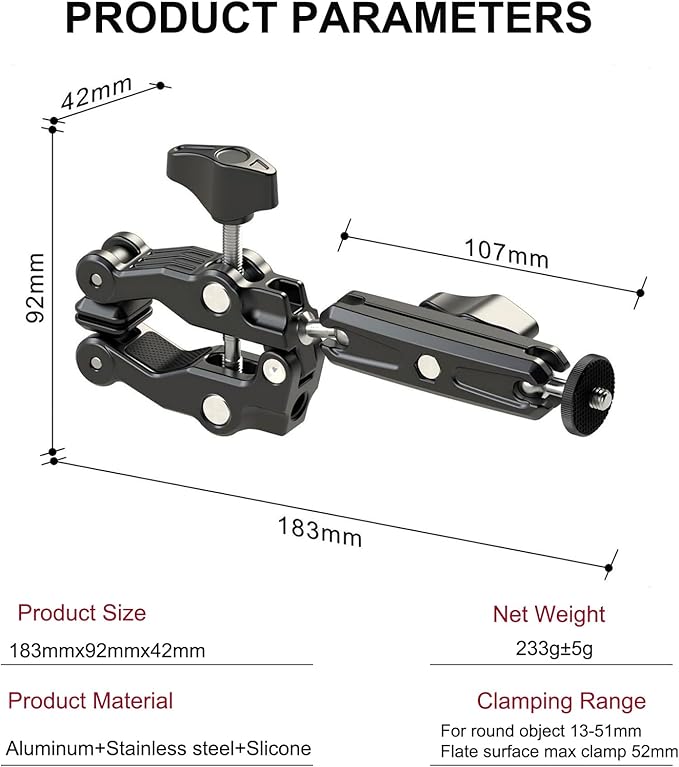 Super Clamp with Dual Ball Head Magic Arm, 1/4"-20 & 3/8"-16 Threads, Phone/Action Camera Mount Adapte for Desktop Tripod Canon Nikon DSLR Camera/Gopro/LED Lights/Ronin-M/Ronin MX/Freefly MOVI