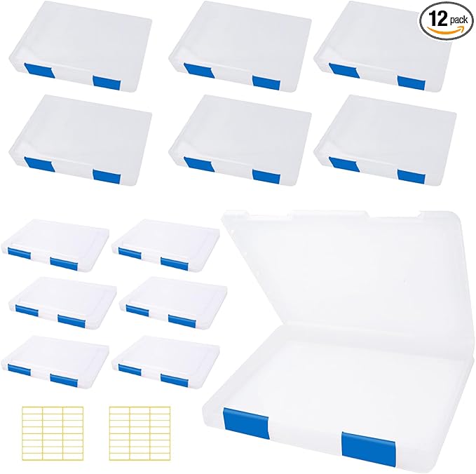 12 Pcs Clear A4 A5 File Box Document Plastic Storage Box with 48 Labels File Holder Organizer Paper Plastic Case Magazine Protector with Buckle Office School Supplies(Blue)