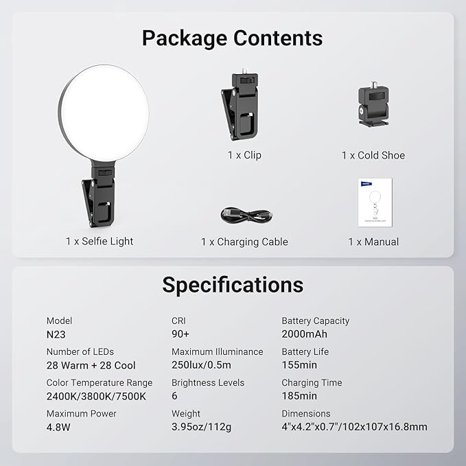 NEEWER Entry Level Version LED Selfie Ring Light, 4.8W Bi Color Edge Lit Clip Phone Fill Lighting with 2000mAh Battery, CRI90+ for Camera Laptop Computer Webcam Video Conference Makeup Recording, N23
