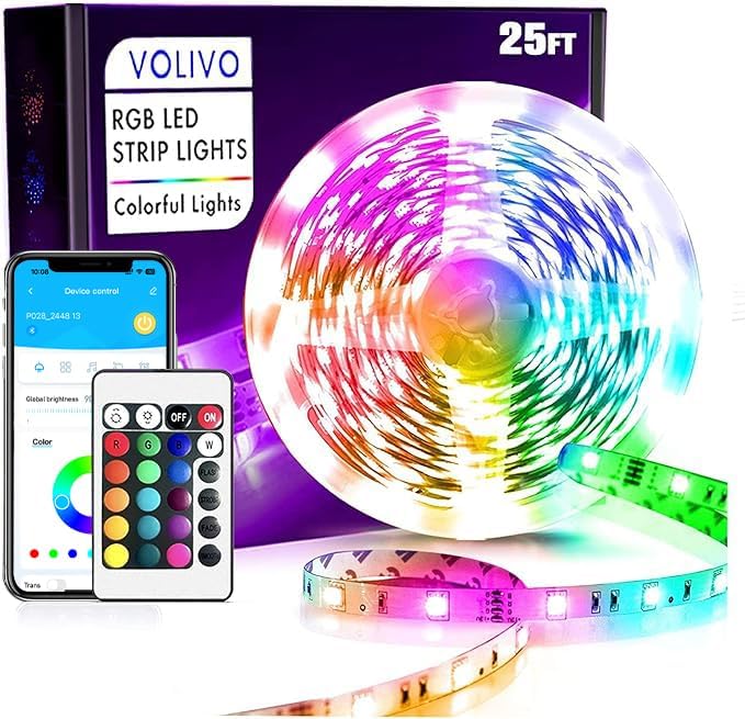 VOLIVO 25 ft Led Strip Lights for Bedroom, Color Changing Led Light Strips Kit with Bluetooth App Control and IR Remote, RGB Music Sync Lighting for Room, Home Decor