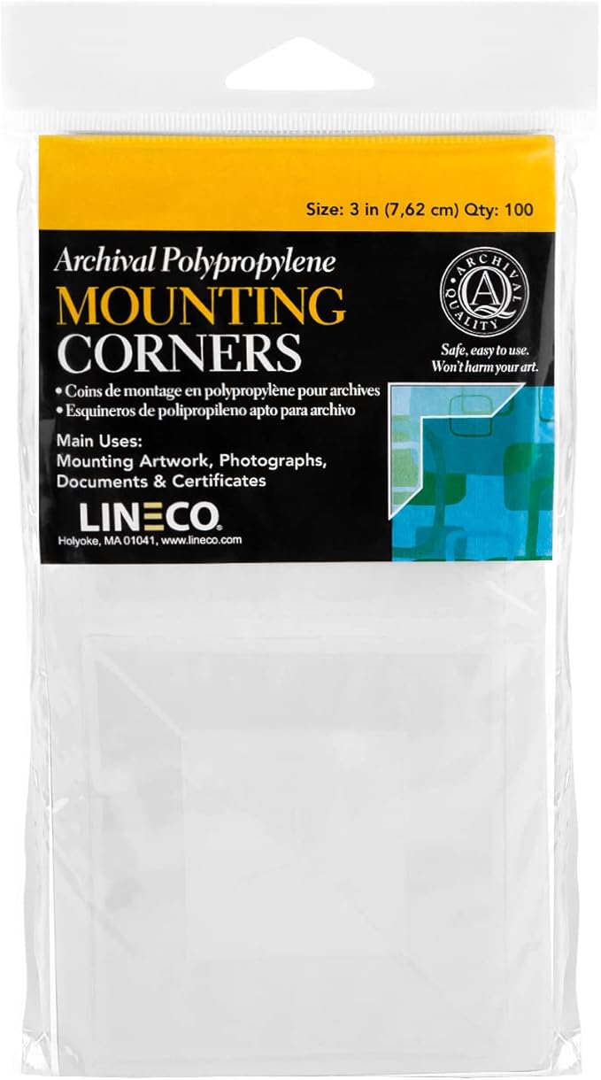 Lineco Self-Adhesive Acid-Free Archival Polypropylene Mounting Photo Corners, Full View, 3 inches, Used for Scrapbook, DIY and Displaying Pictures, Package of 100, Clear