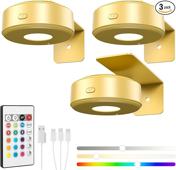 3PCS Picture Lights, Rechargeable Battery Magnetic Poster Lights with 3 Color Temps&12 RGB, Dimmable and Timer Metal Art Light for Display, Wall, Artwork, Gallery (Gold)