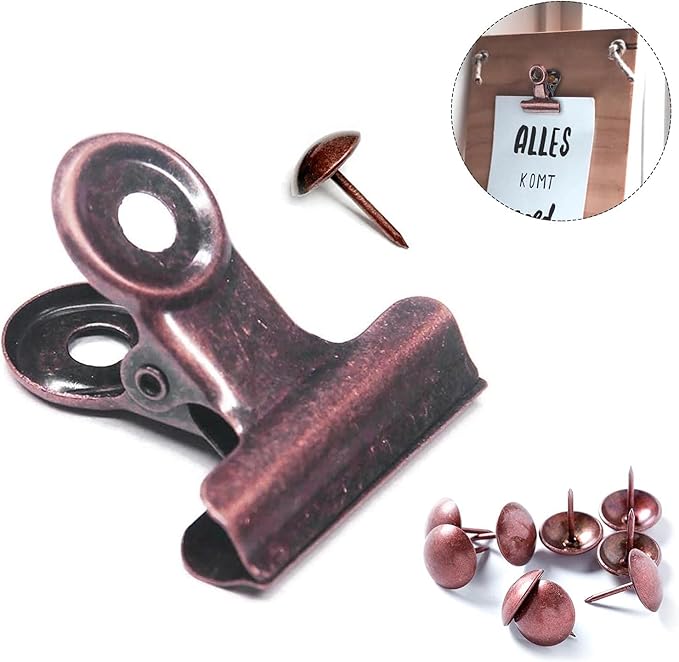 YUCHIYA 10 Pack Bulldog Clips with Push-pins for Corkboard,Metal Clips for Crafts, Metal Binder Clips for Pictures, Spring Paper Clamps for Office Documents (Copper,2inch)