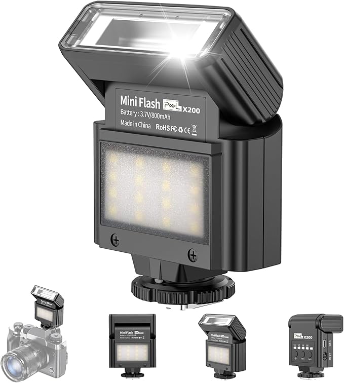 Mini Camera Flash Speedlite, GN10 6000K On-Camera Flash with Video Light, 4 Power Levels, Universal Single Contact Hot Shoe Mount, Compatible with Sony Canon Nikon Fuji Panasonic Pentax Olympus