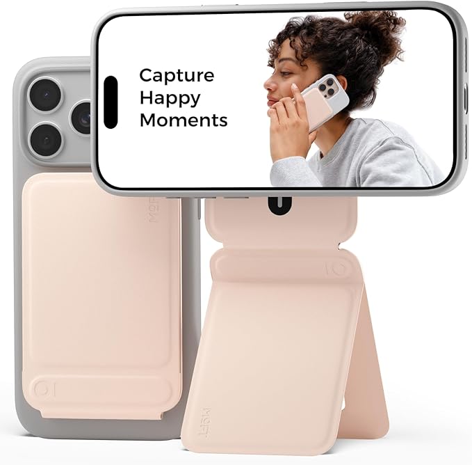 MOFT Phone Tripod Stand Selfie Stick for iPhone, Multi-Angles iPhone Stand, Lightweight & Portable Phone Holder, Strong Magnets, MOVAS Vegan Leather, Travel Essentials, Peach Pink (Without Card Slot)
