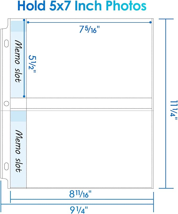 MaxGear60 Pack 5x7 Photo Sleeves for 3 Ring Binder (240 Pictures), Heavy-Duty Archival Page Protectors, 2-Pocket Clear Photo Album Refill Pages, Plastic Seed Binder Pages 8.5x11, Acid-Free