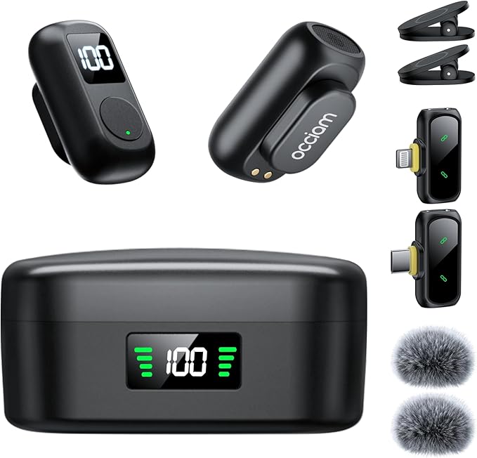 occiam Mini Lavalier Microphone for iPhone & Android Wireless Microphones Noise Reduction Magnetic Mini Lapel Mic with 54H Charging Case for YouTube Podcast Tiktok Vlogging Video Recording Black