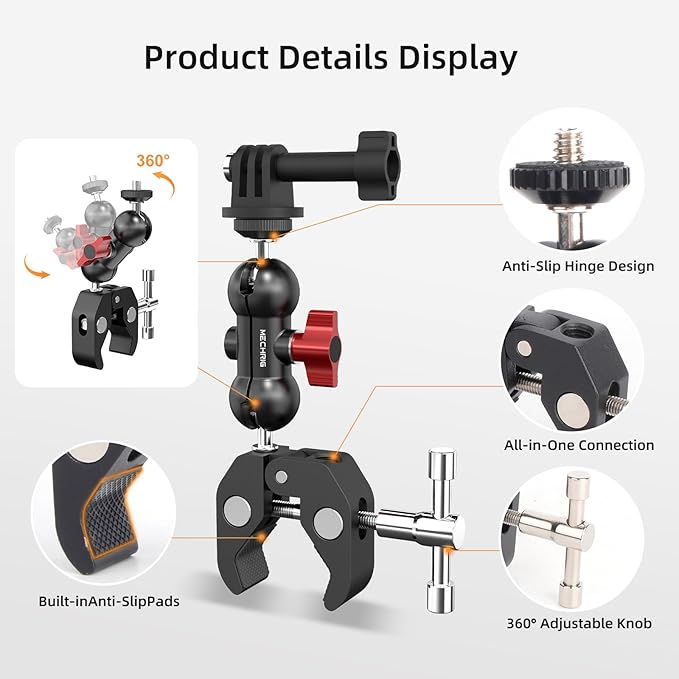 Super Clamp Mount Kit with 360° Ballhead Magic Arm – Universal Camera Mount with 1/4"-20 Screws for DSLR Camera,Led Lights,Action Cameras,and More