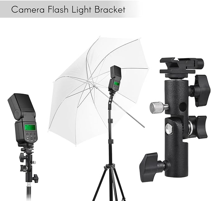 Qiilu Camera Flash Bracket, Bracket Flash Stand Bracket with Cold Shoe Mount 1/4 Inch & 3/8 Inch Screw Hole, Umbrella Mount Holder Flash Light, Universal E Type Metal Bracket for Most