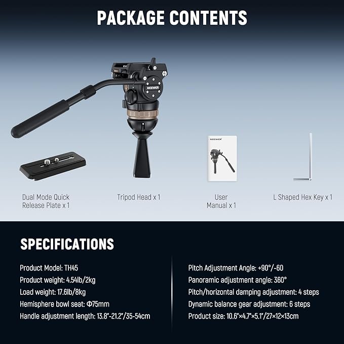 NEEWER Video Tripod Fluid Head w/ 6 Level Dynamic Counterbalance, 4 Level Pan/Tilt Damping, Handle, φ75mm Base, Metal Heavy Duty QR Plate Compatible with DJI RS Gimbals, Max Load 18lb, TH45