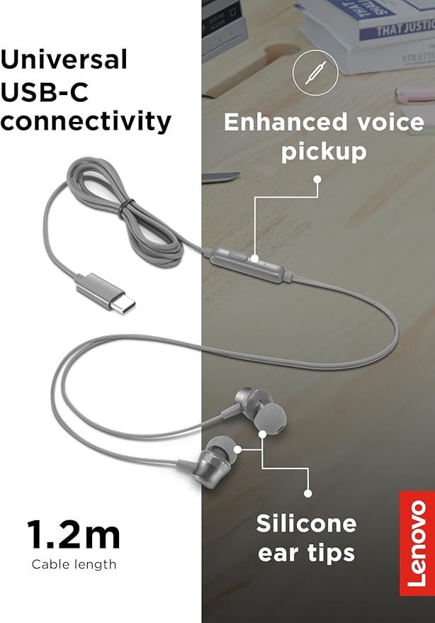 Lenovo - 300 Wired in-Ear USB-C Headphones - in-Line Microphone - USB-C Connectivity - Play & Pause Button - 3 Sizes Silicone Ear Tips Included, Grey