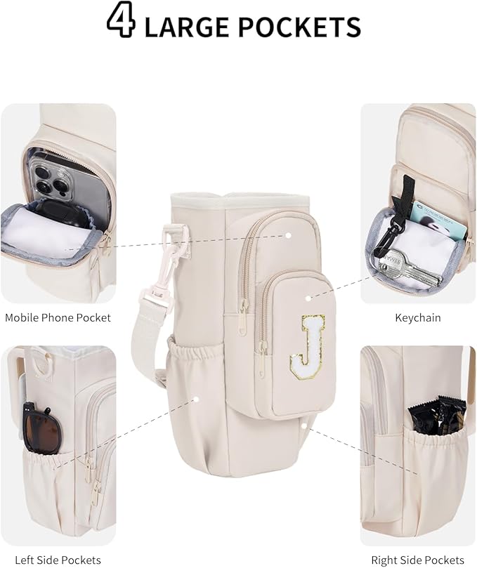 sportsnew Birthday Gifts for Women Personalized Initial Water Bottle Holder with Strap fits most 40oz Tumbler with Handle Water Bottle Carrier Bag with Phone Pocket & Straw Topper Tumbler Accessories