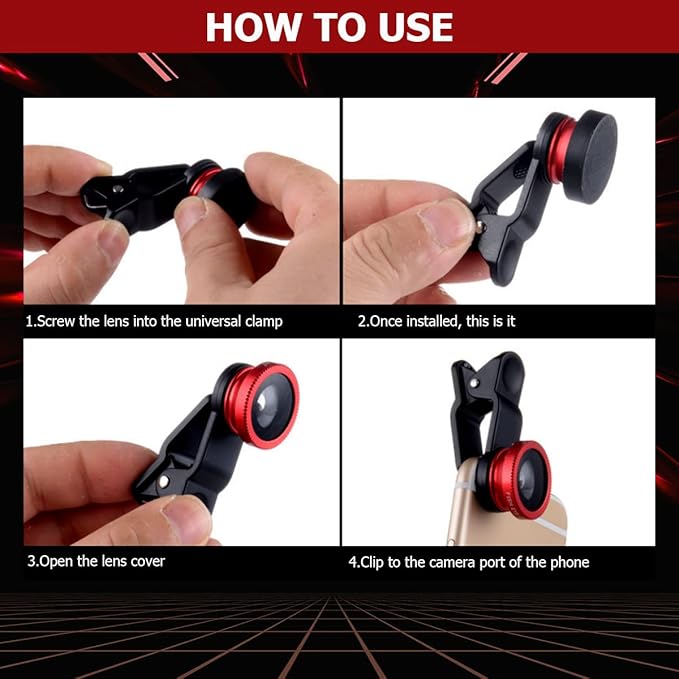 3 in 1 Phone Camera Lens Kit Camera Lens with Clip Fisheye Lens Wide Angle Lens and Macro Lens for Smartphones iPhone, Andorid (Red)