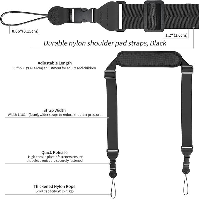Universal Shoulder Strap, Neoprene Padded Bag Strap with Double Adjustable Buckles, Replacement Comfortable Neck Lanyard for Camera, Cellphone Tablet,iPad, Laptop, Luggage Bag, Binocular(Black)