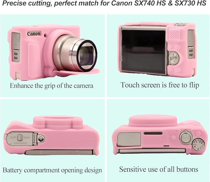 Pocoukate Case for Canon PowerShot SX740 HS Camera, Soft Silicone Protective Cover Skin with Removable Lens Cover for SX740/SX730 HS Accessories Rubber with Tempered Glass Screen Protector - Pink ﻿