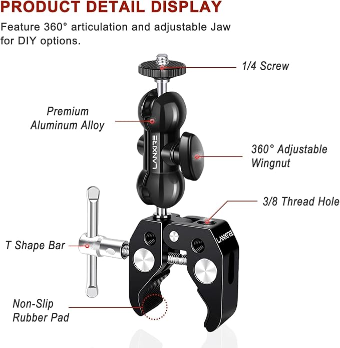 Camera Mount Super Clamp with Double Ball Head Magic Arm - 360° Rotation - 1/4" and 3/8" Threaded Holes - Fits for Cameras, Led Lights, Monitor, Flash, Microphone - 2 Pack