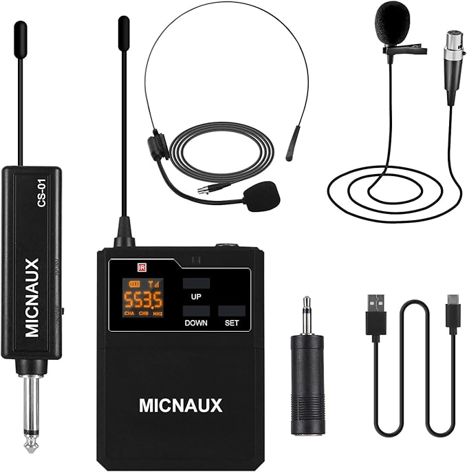 Wireless Lapel Microphone System with Headset & Lavalier Mics, UHF Bodypack Transmitters, Mini Rechargeable Receiver, 48 Channels in 500MHz, 260ft Range, Plug & Play for Wedding Speech Church