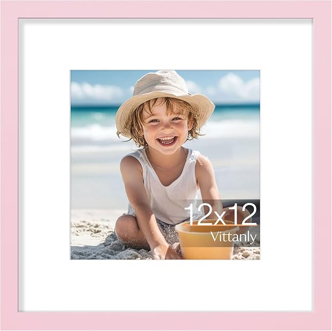 Vittanly 12x12 Picture Frame, Made of Solid Wood and Shatterproof Plexiglass, Display Pictures 8x8 with Mat or 12x12 without Mat, Wooden Photo Frame for Wall Mounting, Pink, 1 Pack