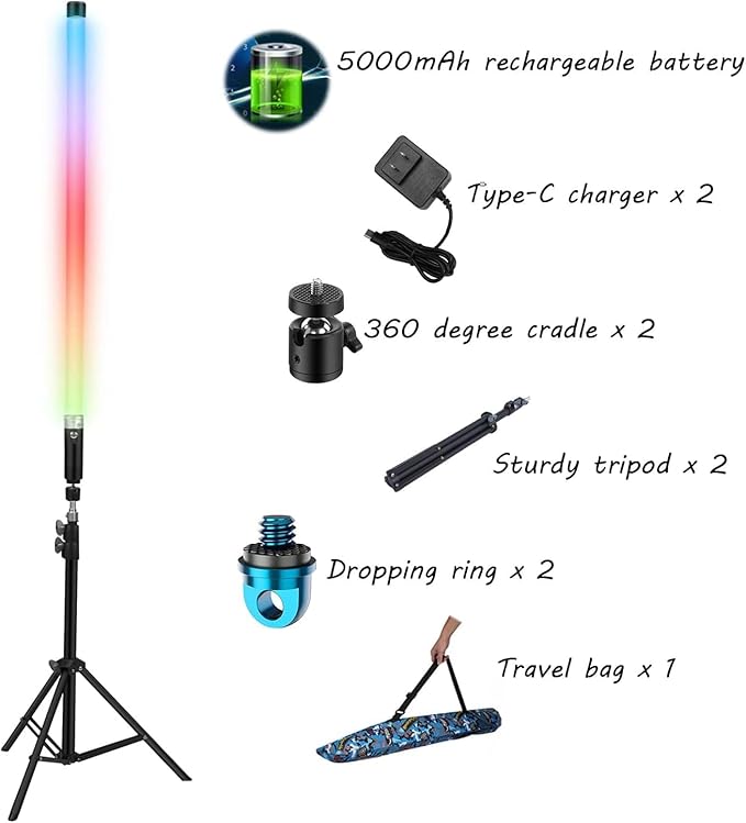 Handheld RGB Color LED Video Lights with Tripods, Rechargeable with Remote Control of Static Color and 366 Vivid Effects for Mood Creation, Light Painting, Living Room, Stage, Party, Fashion Show