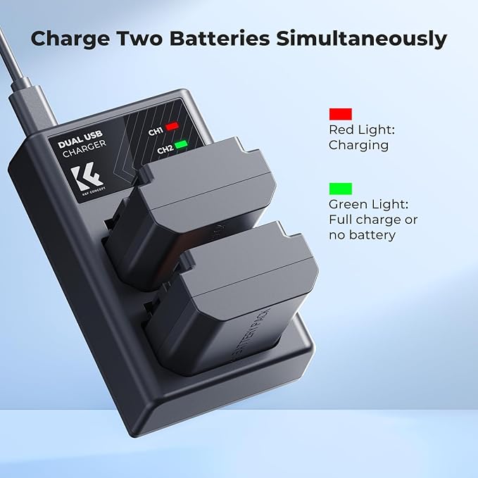 K&F CONCEPT NP-FZ100 2280mAH Battery and Dual Slot Charger Set for Sony A7iii, A7iv, A7C, A6700, A6600, ZV-E1, ZV-E10ii, FX3, FX30, A9, Alpha 9, Alpha 9S, A9S, A7R3, A7R4 Camera Batteries